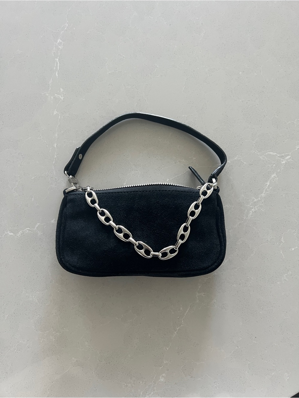 BY FAR Black Suede Mini Top Handle Bag with Silver Chain